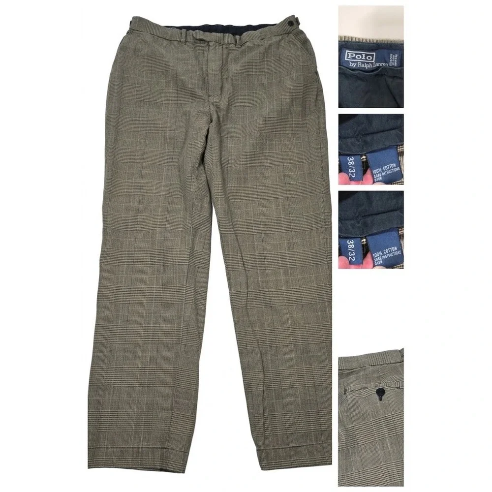 Vintage Polo Ralph Lauren Mens 38x32 Plaid Pants Glen Check Flat Front Prep 90s